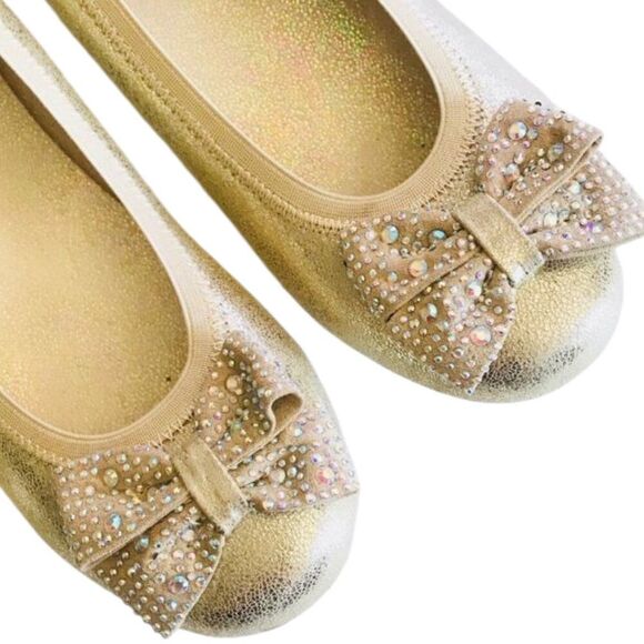 Stuart Weitzman Ballet Flats Gold Crystal Bow Women's Feminine Dainty Sparkly 5 - Picture 7 of 8